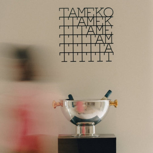 Modern TAMEKO wall art above reflective metal bowl on pedestal, minimalist home decor