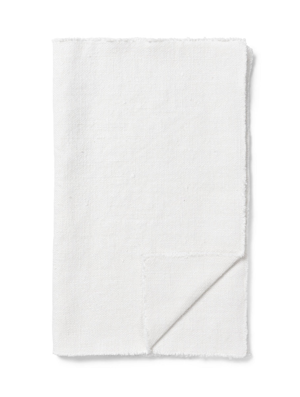 TAMEKO white linen table runner with natural texture and raw edges, folded on a white background