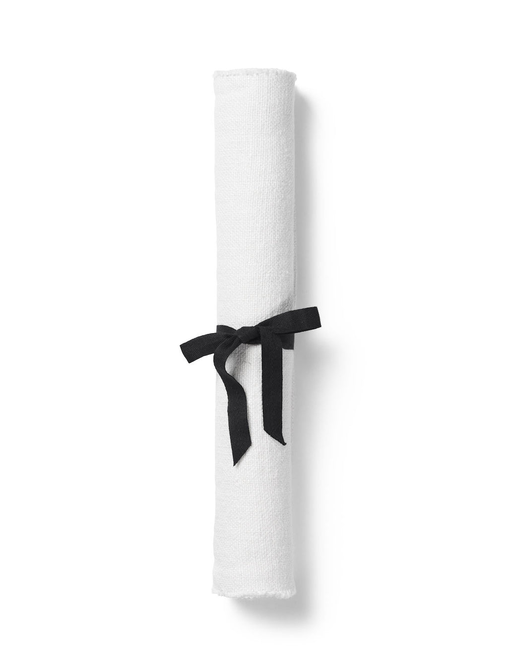White linen table runner rolled with black ribbon, TAMEKO home textile packaging