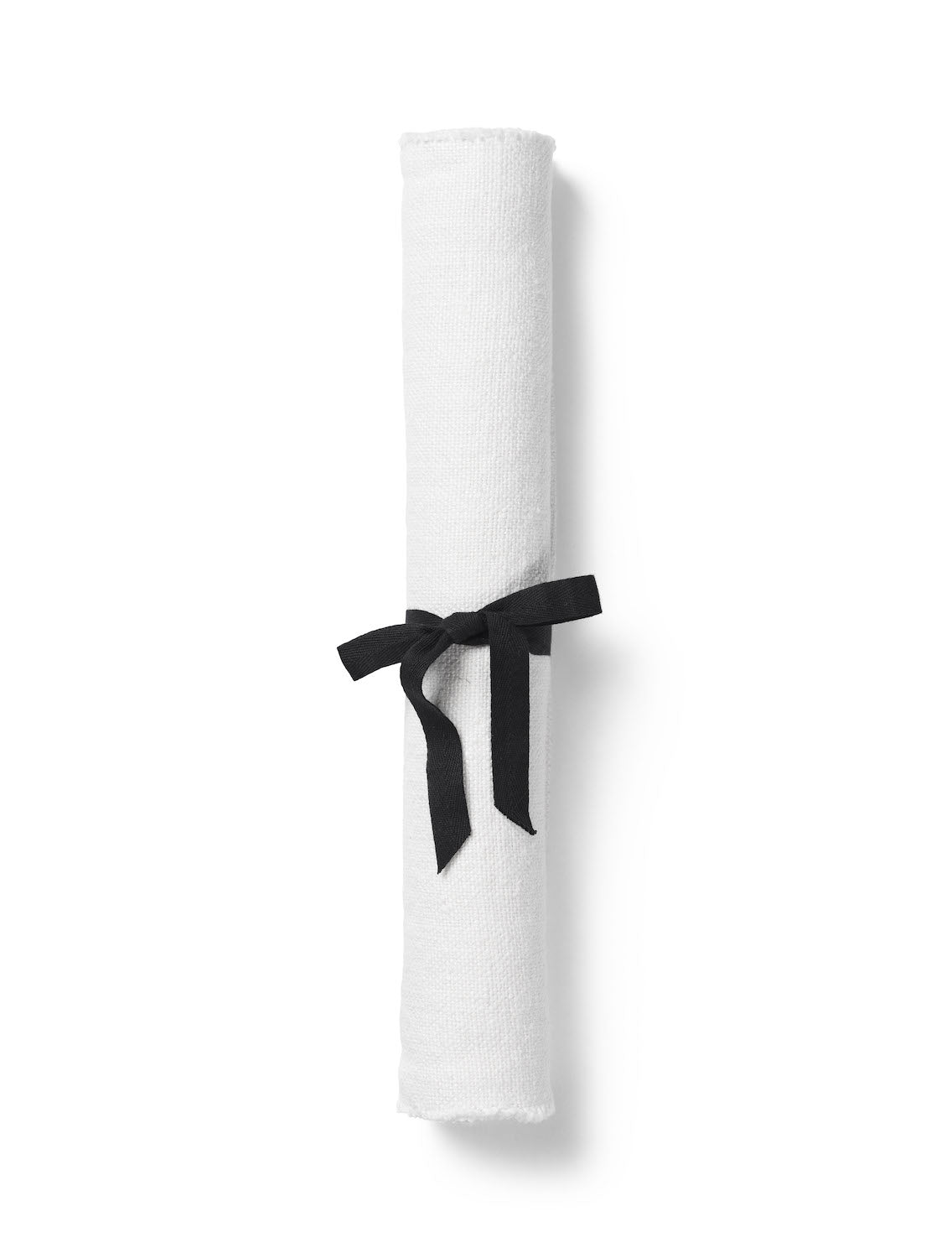 White linen table runner rolled with black ribbon, TAMEKO home textile packaging